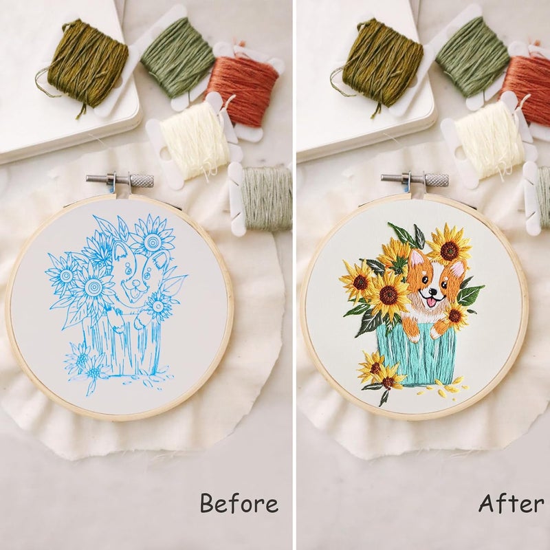 COCOMOX 3 Sets Embroidery Kit for Beginners, Dog Flower Pattern Embroidery Practice Kits for Adults, Hand Embroidery Kit, Easy to Follow Instruction and Video - Image 2